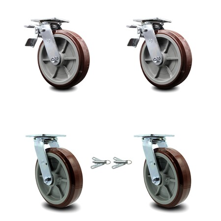 Service Caster 8 Inch Polyurethane Caster Set with Roller Bearings 2 Brakes 2 Swivel Locks SCC SCC-TTL30S820-PPUR-2-BSL-2